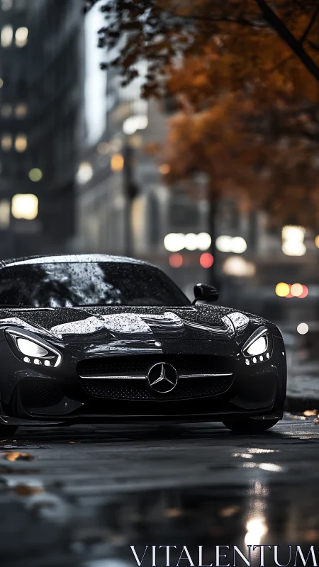 Rain-soaked black Mercedes AMG GT on reflective city street