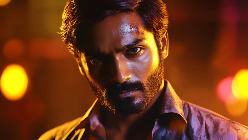 Intense cinematic portrait bathed in dramatic neon lights