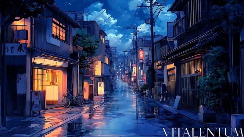 Rain-soaked Japanese alleyway glows under contrasting neon and warm light