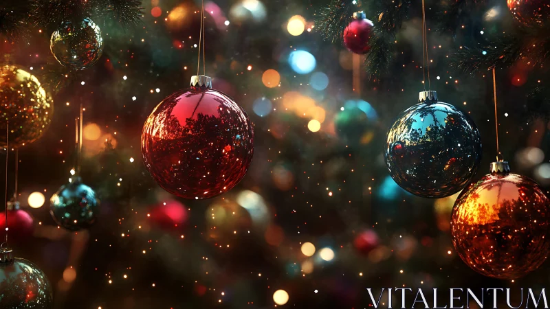 Glistening Christmas baubles glow softly in festive bokeh light