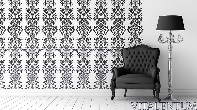 Velvet-black throne lounges beside a gleaming baroque lamp