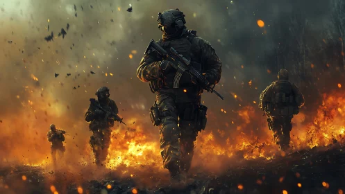 Tactical infantry squad advancing through inferno battlefield.