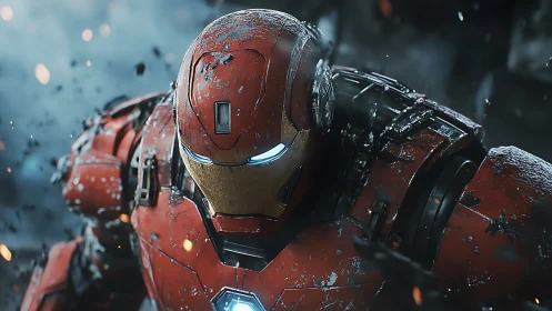 Scarred red battle armor leans into sparks and drifting smoke