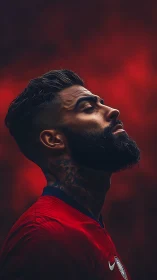 Proud bearded footballer lifts his face toward glowing red sky