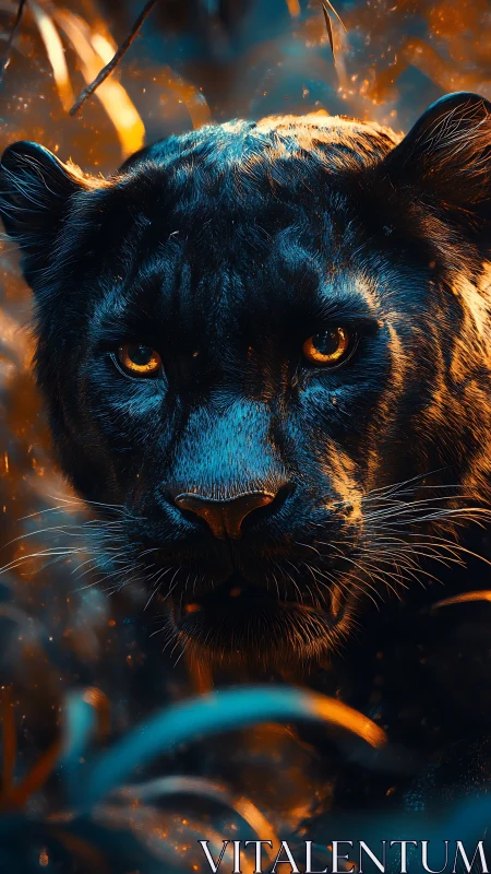 Bioluminescent panther portrait in bokeh-ignited jungle dusk.