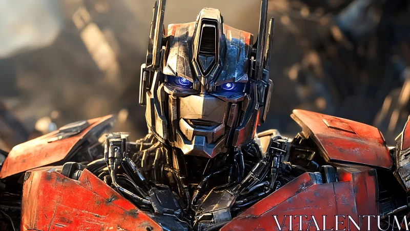 3D mecha portrait with weathered armor and luminous optics.