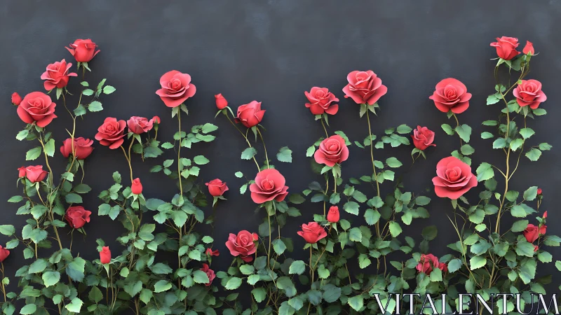 Red roses dense garden composition against dark background.