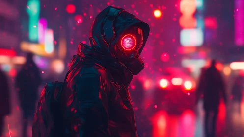 Hooded cyberpunk wanderer stalks neon city streets at night