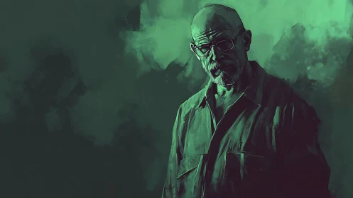 Moody teal portrait of stern bald man in painterly chiaroscuro.