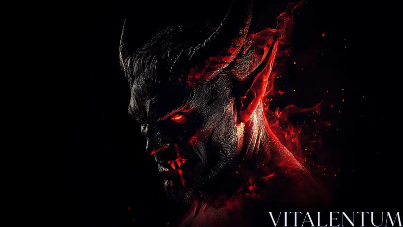 Infernal horned demon crowned in ember-lit shadows.