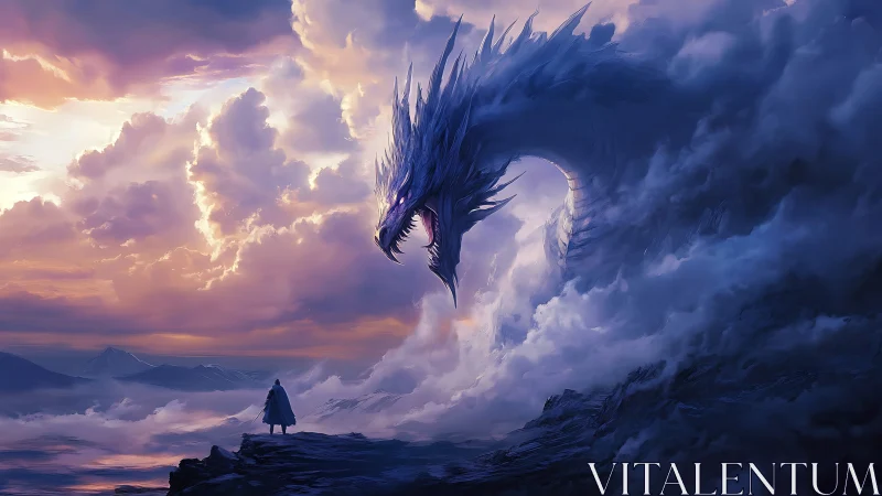 Lone cloaked figure confronts colossal storm dragon in sky