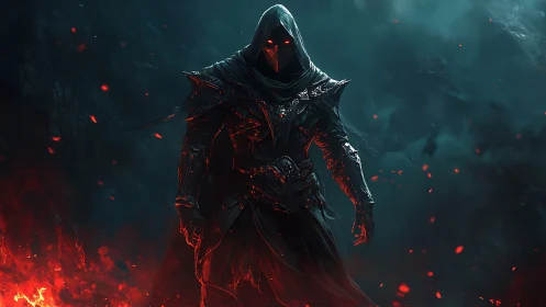 Hooded infernal warlock in ember-lit abyssal battlefield