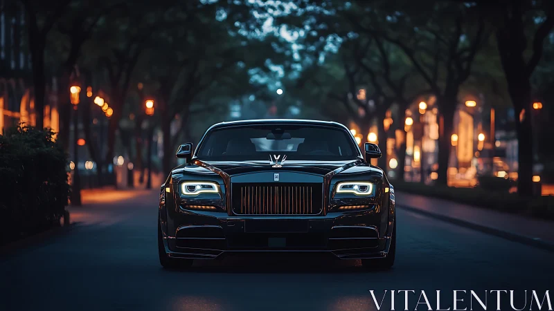 Photorealistic luxury sedan front view in twilight streetscape.