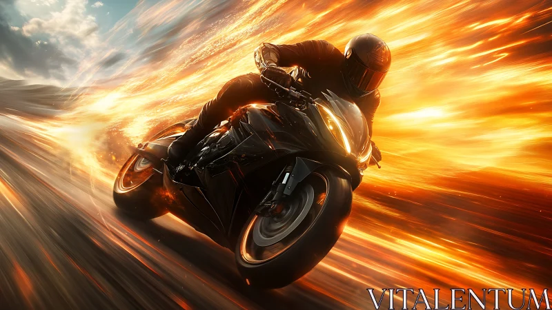 Supersport motorcycle leaning through fiery motion streaks