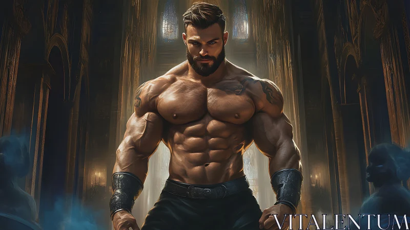 Muscular warrior standing in ornate hall with glowing light.