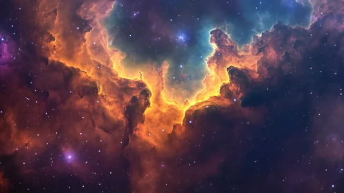 Nebula clouds ignited by vivid orange and teal starlight.