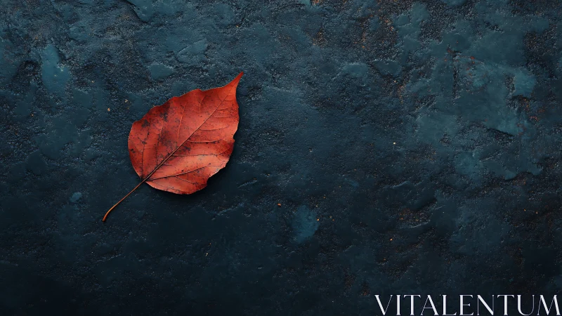 Solitary ember leaf resting on deep midnight stone canvas.