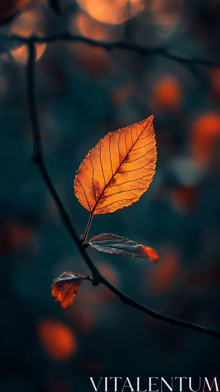 Glowing autumn leaf resting softly in twilight calm.