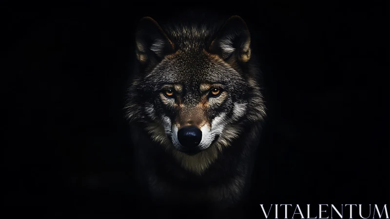 Wolf portrait emerges from deep black background in profile