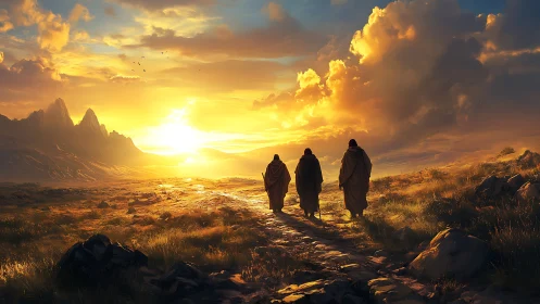Triadic robed figures traversing sunlit highland path at dusk.