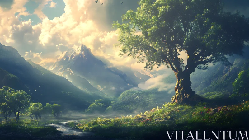 Mountain valley landscape with solitary foreground tree.