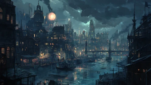 Nocturnal industrial canal city under luminous clock moon.