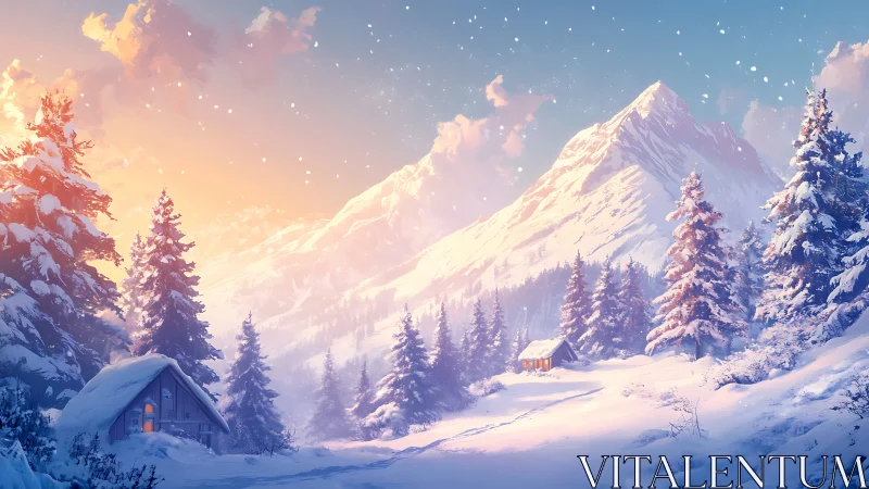 Radiant alpine snowfall with illuminated cabins at dusk.