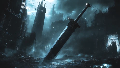 Massive sword embedded in flooded ruin at night.