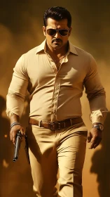Sunglassed enforcer strides through golden duststorm swagger.