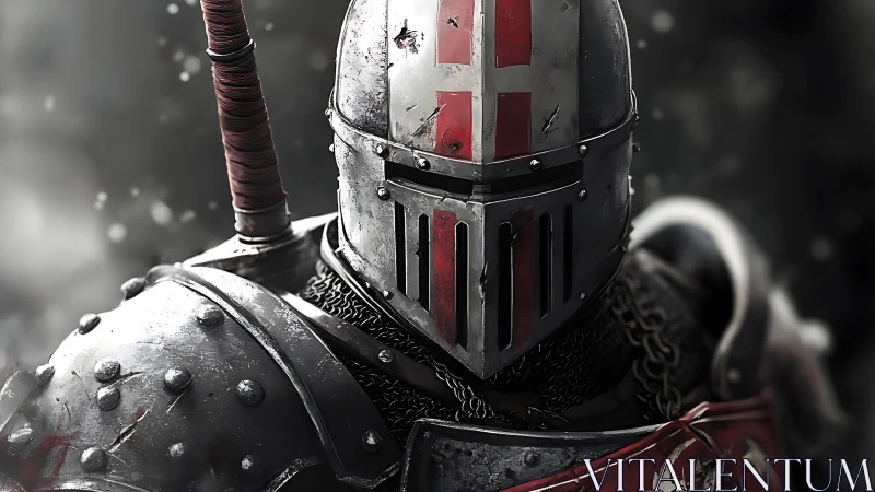 Battle‑scarred crusader helm in high fidelity digital armor study.