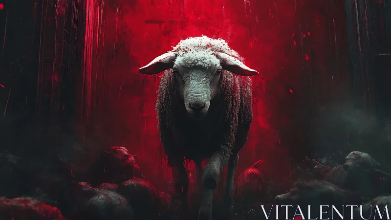 Sheep stands centered against saturated red digital backdrop