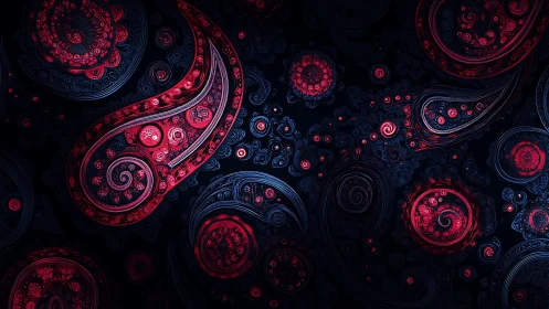 Swirling red fractal paisleys glow softly against deep midnight