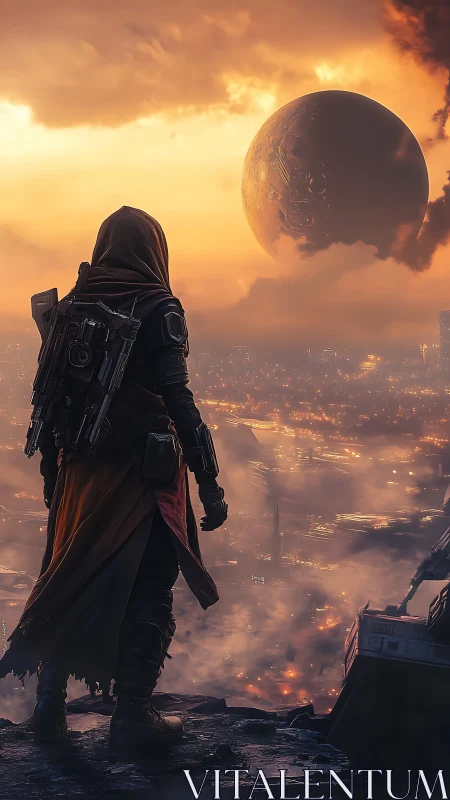 Wanderer gazes over a glowing sci fi city at dusk.