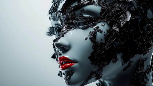 Cybernetic female bust with fractured graphite shards and glossy lips