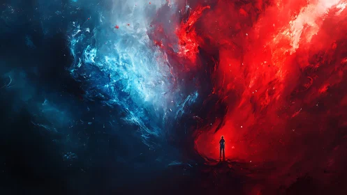Solitary figure between opposing red and blue nebula fields.