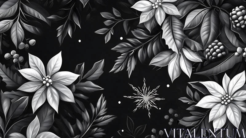 Monochrome poinsettia wreath framing ornate snowflake motif.