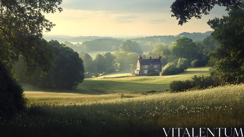 Country house rests in misty sunlit valley meadow.