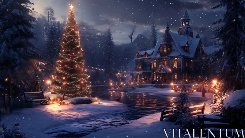 Snow covered estate with illuminated Christmas tree at night