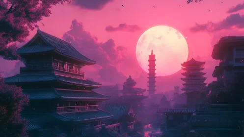Neon pink moon over stylized Japanese temple skyline.