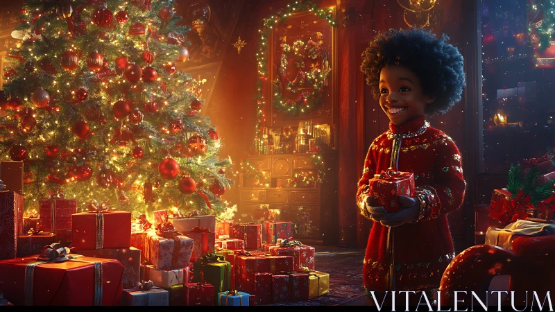 Smiling child holds Christmas gift beside glowing tree