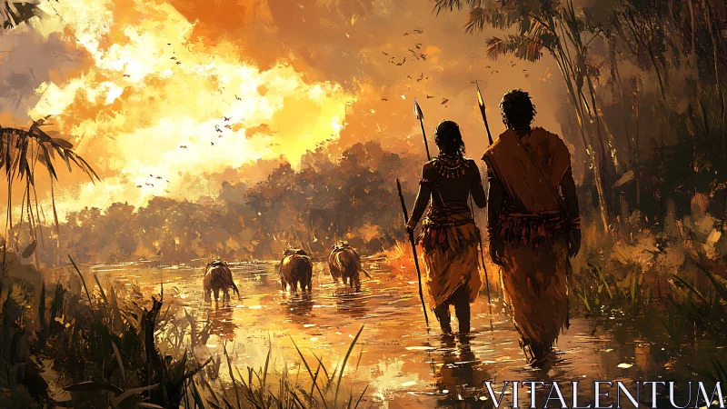 Hunters walk through river at sunset in dense jungle.
