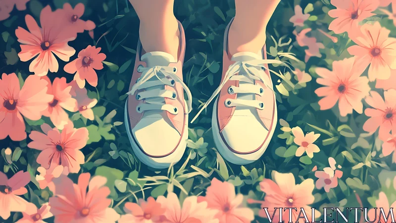 Soft-focus sneakers in floral ground plane, digital painting.