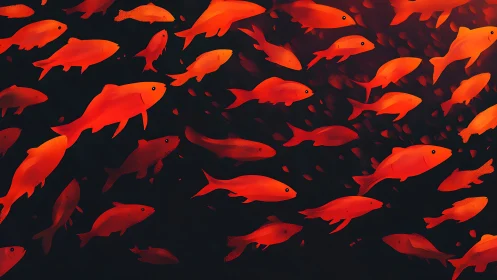 Red fish group in dark aquatic space digital illustration.