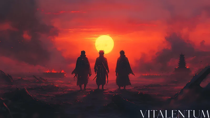 Three cloaked figures walk toward a low sun over scorched ground