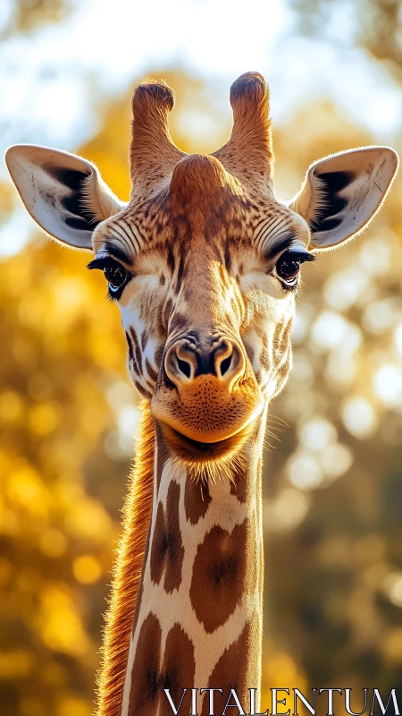 Sunlit giraffe portrait renders detailed facial textures