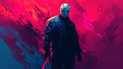 Mysterious masked figure in neon storm of bold color contrasts.