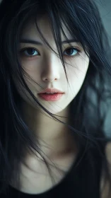 Close portrait of woman with dark hair in soft lighting