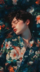 Young person in floral garment lying among dense blossoms.