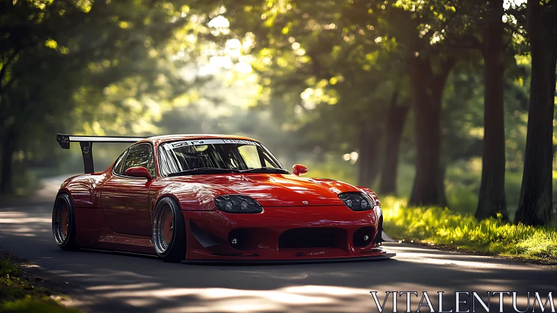 Red widebody sports car under soft forest backlighting.