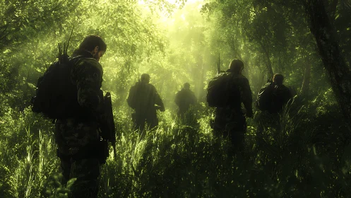 Tactical recon squad advancing through dense sunlit jungle